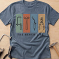 Bench Life jewelry maker t-shirt in Dark Heather, flat lay with jeweler's tools