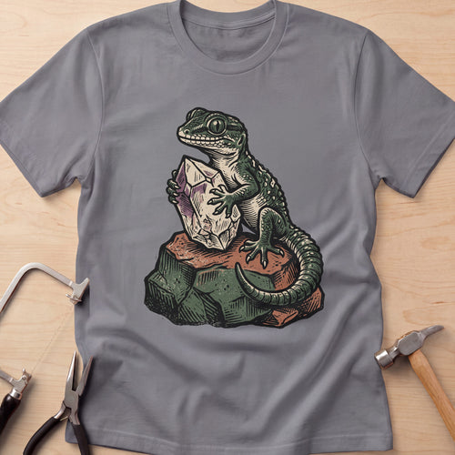 Gem Lizard funny rockhound t-shirt in Charcoal, flat lay with jeweler's tools