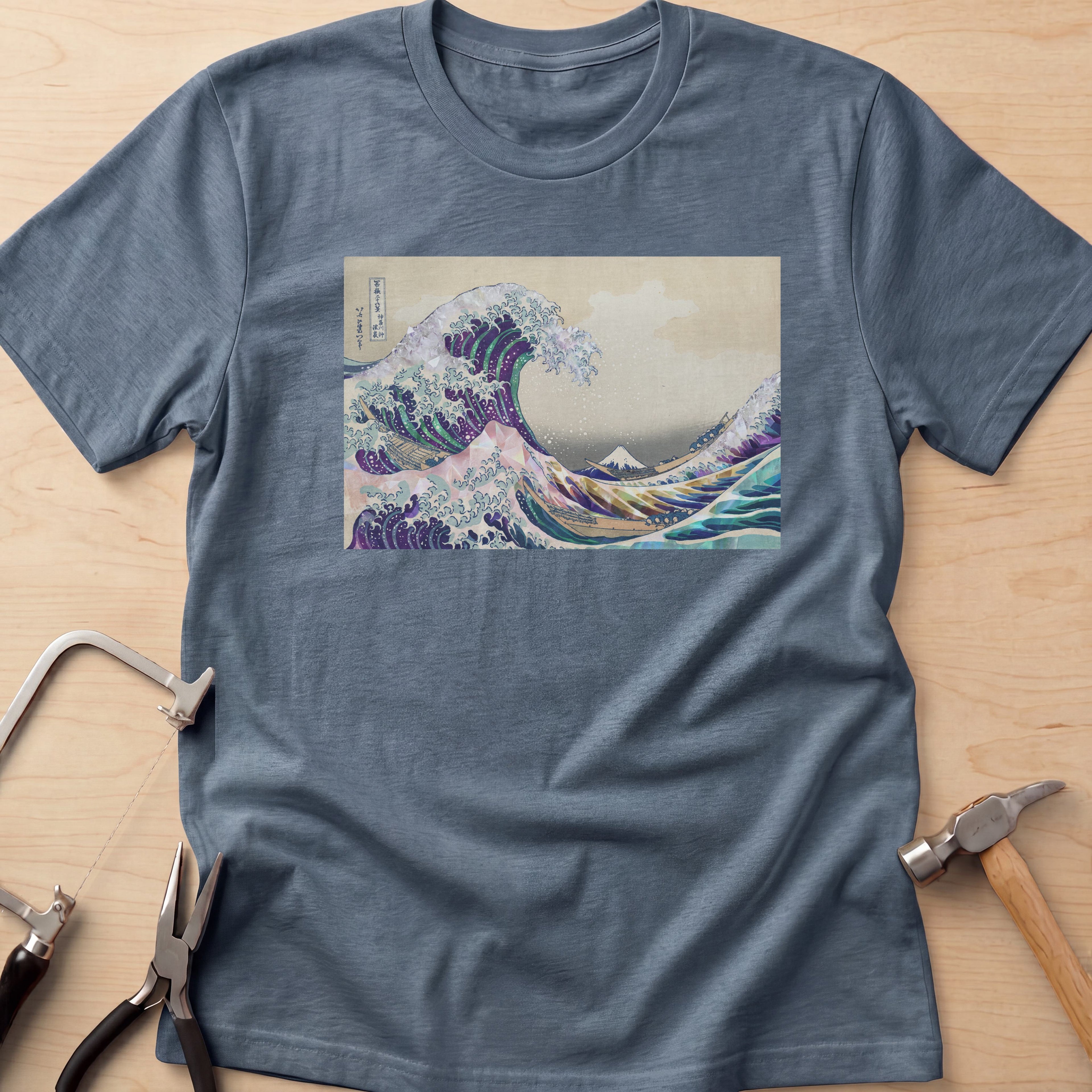 Gem Twist on The Great Wave crystal jewelry maker t-shirt in Dark Heather, flat lay with jeweler's tools
