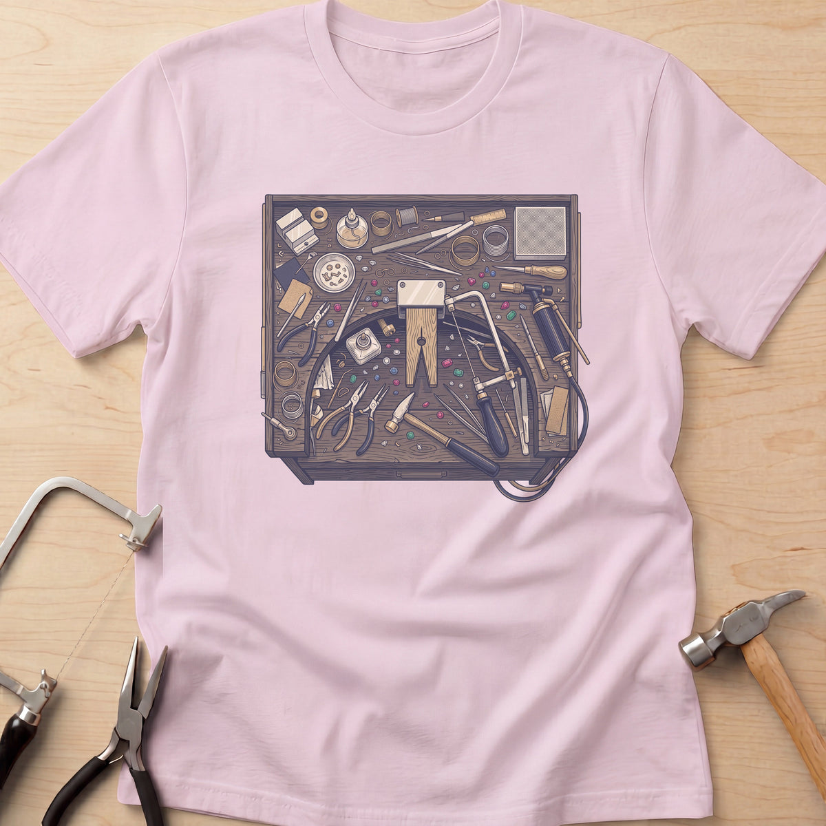 Jeweler's Bench jewelry maker t-shirt in Light Pink, flat lay with jeweler's tools