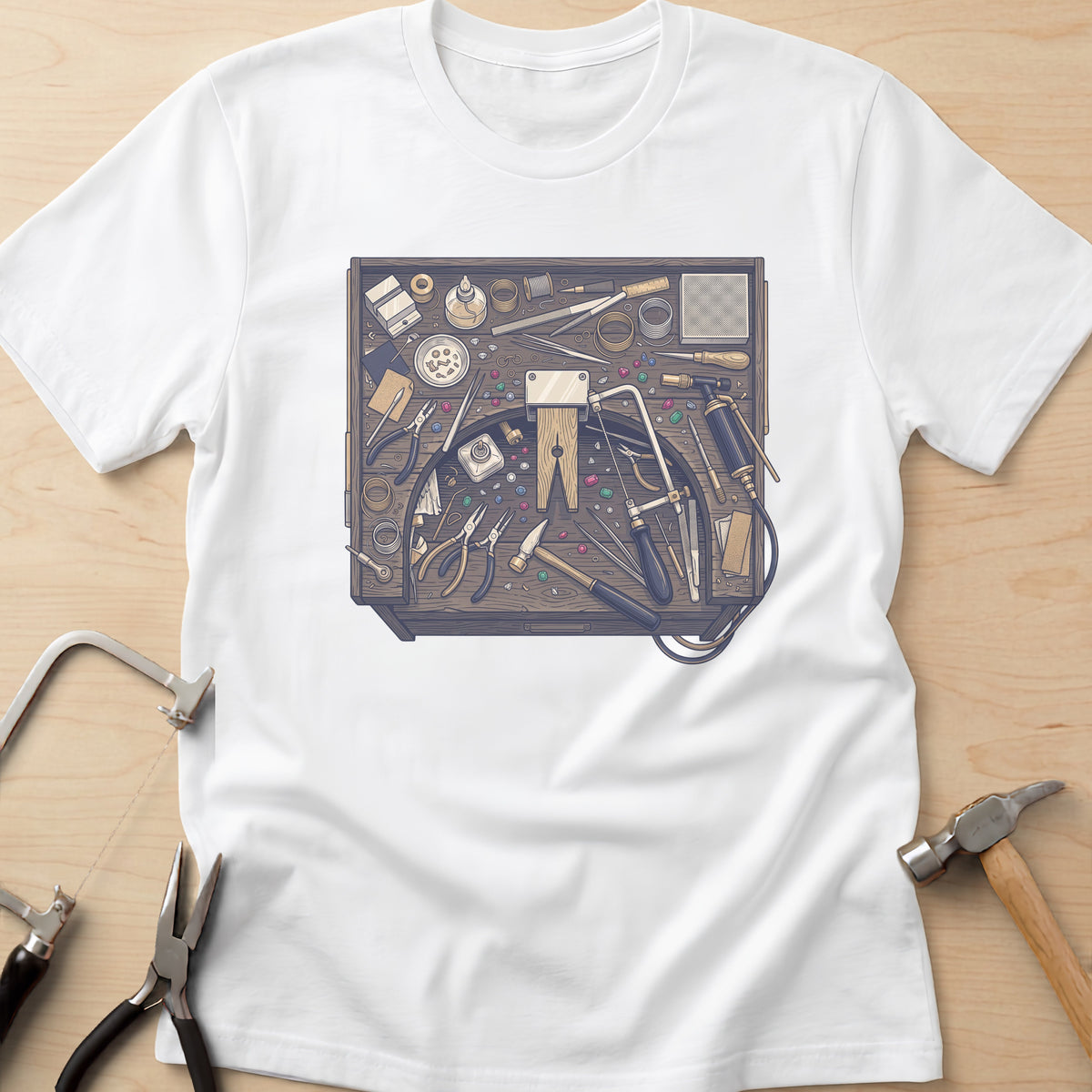 Jeweler's Bench jewelry maker t-shirt in White, flat lay with jeweler's tools