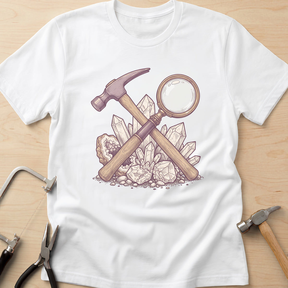 Rockhound Tools rockhound t-shirt in White, flat lay with jeweler's tools