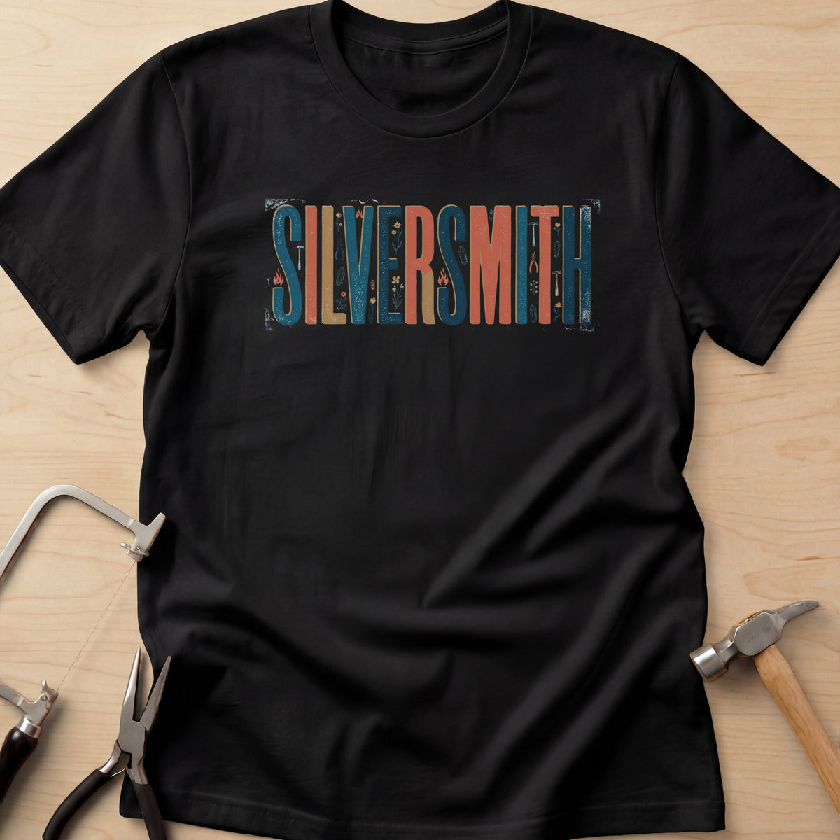 Silversmith (Vintage Type) funny silversmith t-shirt in Black, flat lay with jeweler's tools